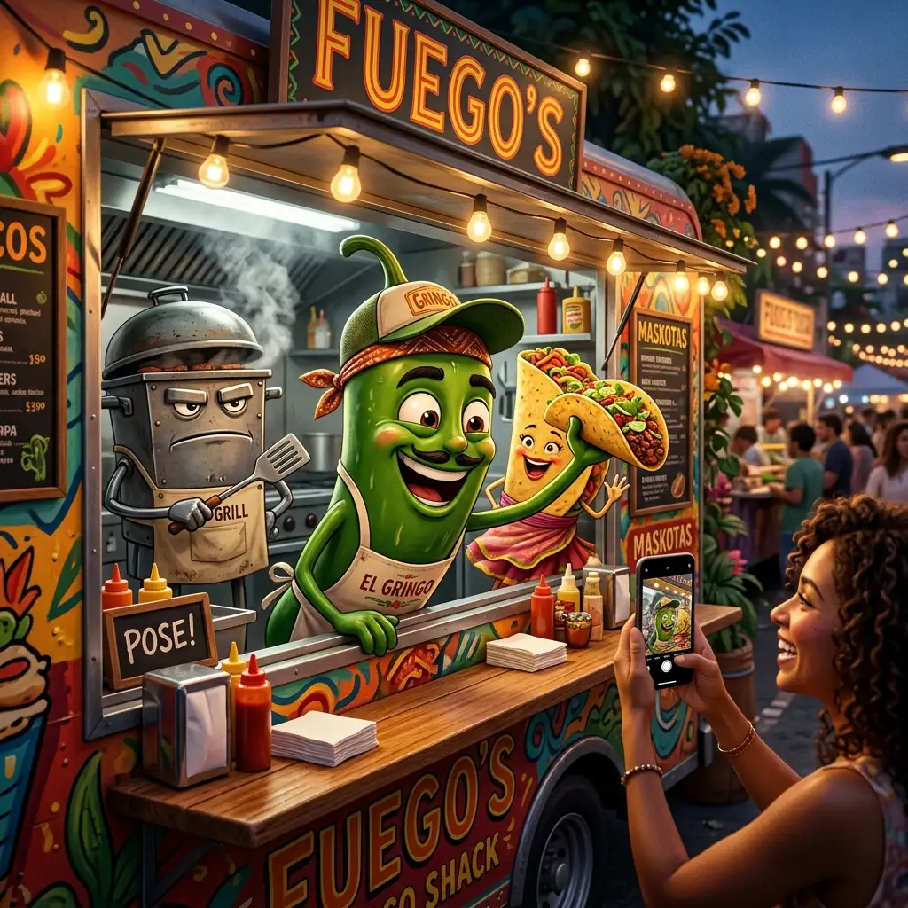 Animated food truck characters running the show