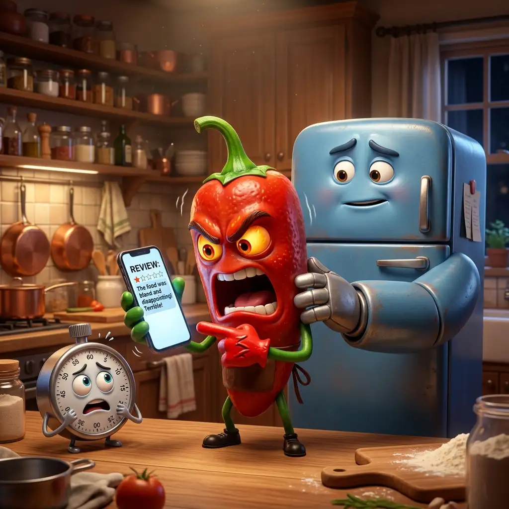 Characters reacting to a Google review
